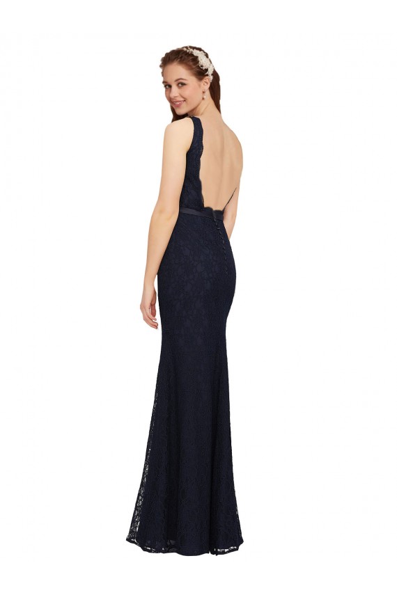 Open Back Dark Navy Lace V-Neck Long Sleeveless Bridesmaid Dress Norwich