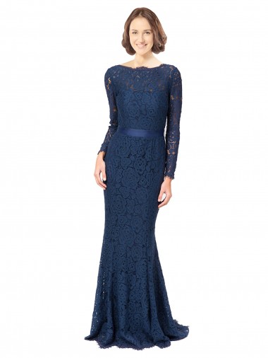 V-Back Lace Jewel Neck Sweep Train Long Sleeves Bridesmaid Dress Norwich