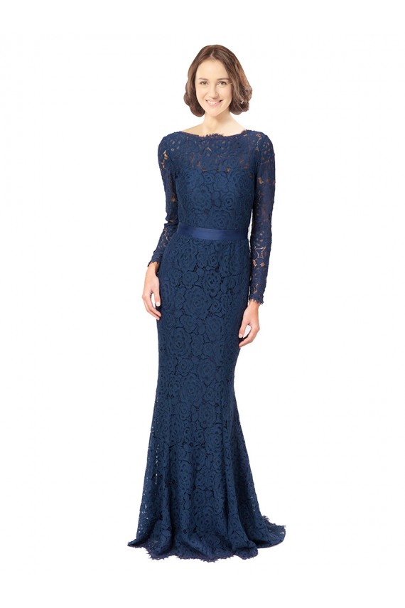 V-Back Lace Jewel Neck Sweep Train Long Sleeves Bridesmaid Dress Norwich