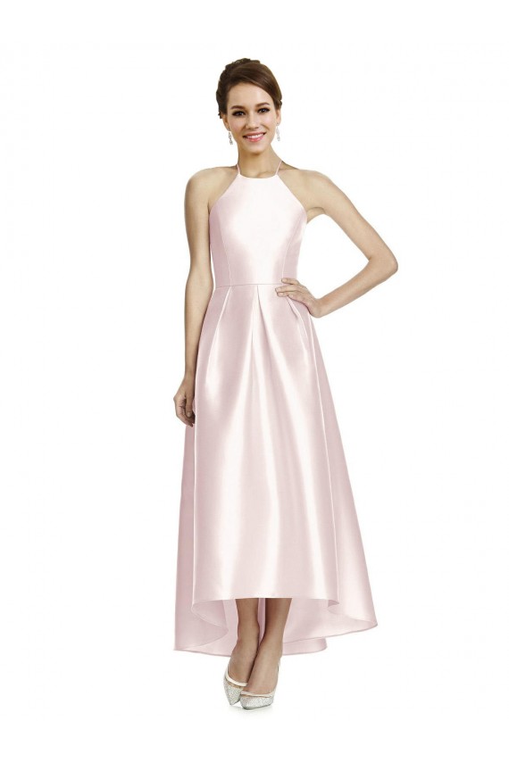 Open Back Satin Spaghetti Straps Long Sleeveless High Low Bridesmaid Dress Norwich
