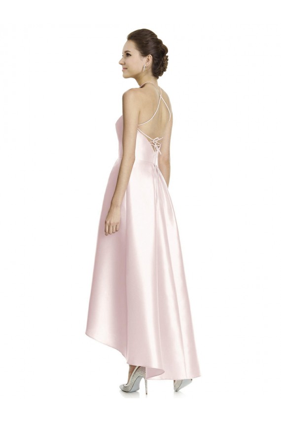 Open Back Satin Spaghetti Straps Long Sleeveless High Low Bridesmaid Dress Norwich