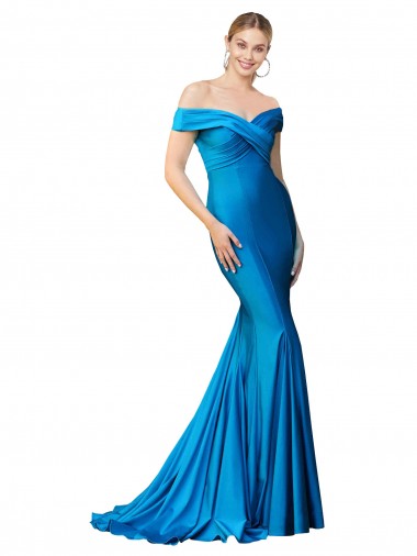 Peacock Blue Satin Off the Shoulder Long Sleeveless Formal Evening Gown / Prom Dress / Bridesmaid Dress Norwich
