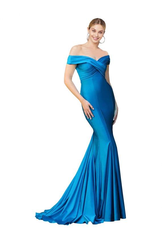 Peacock Blue Satin Off the Shoulder Long Sleeveless Formal Evening Gown / Prom Dress / Bridesmaid Dress Norwich