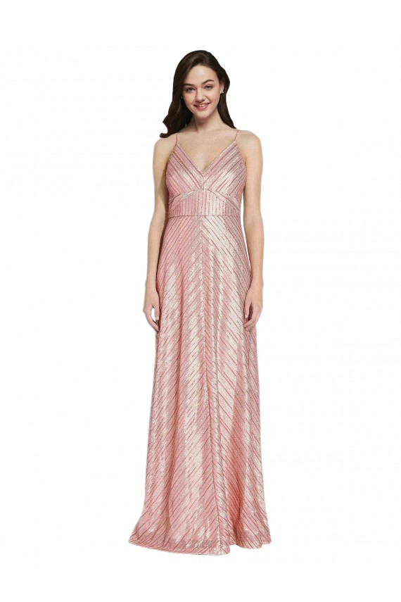 Low Back Rose Gold Sequin V-Neck Long Sleeveless Formal Evening Gown / Prom Dress / Bridesmaid Dress Norwich
