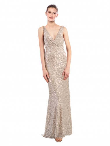 V-Back Silver Sequin & Sparkling Sequin V-Neck Long Sleeveless Formal Evening Gown / Prom Dress / Bridesmaid Dress Norwich