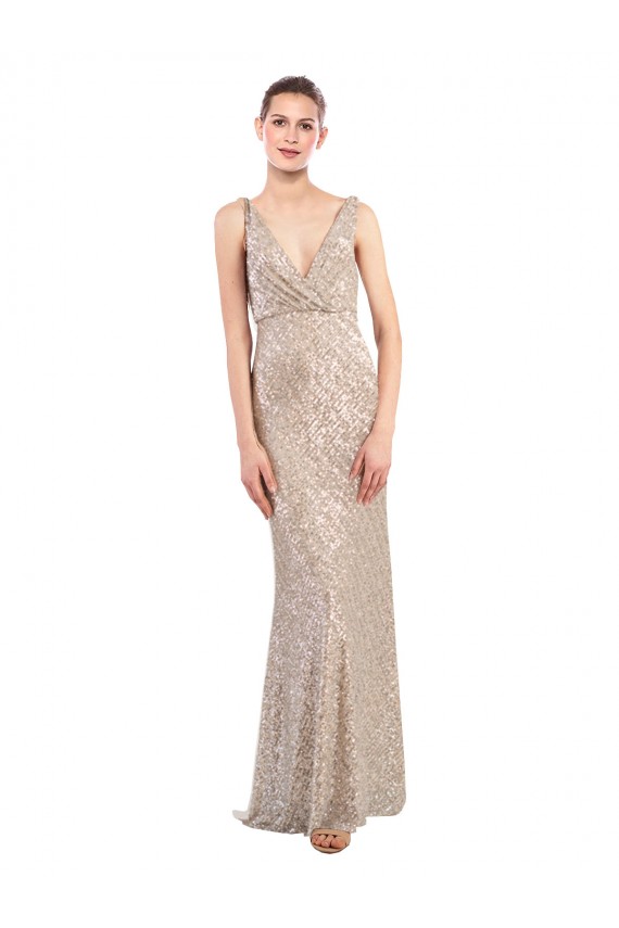 V-Back Silver Sequin & Sparkling Sequin V-Neck Long Sleeveless Formal Evening Gown / Prom Dress / Bridesmaid Dress Norwich
