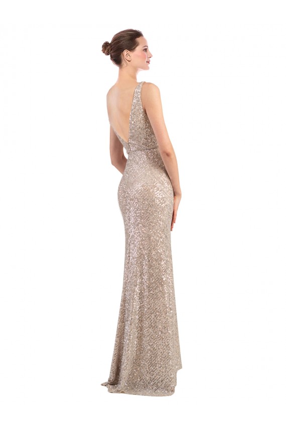 V-Back Silver Sequin & Sparkling Sequin V-Neck Long Sleeveless Formal Evening Gown / Prom Dress / Bridesmaid Dress Norwich