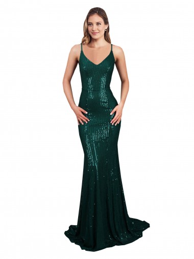 Low Back Dark Green Sequin V-Neck Long Sleeveless Formal Evening Gown / Prom Dress / Bridesmaid Dress Norwich