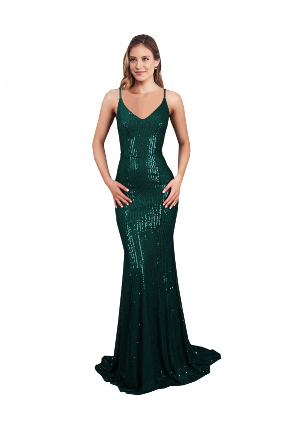 Low Back Dark Green Sequin V-Neck Long Sleeveless Formal Evening Gown / Prom Dress / Bridesmaid Dress Norwich