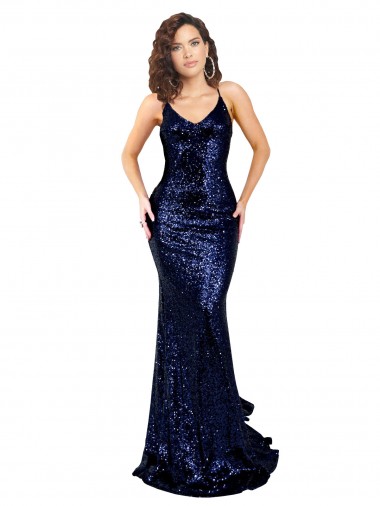 Open Back Dark Navy Sequin V-Neck Long Sleeveless Formal Evening Gown / Prom Dress / Bridesmaid Dress Norwich