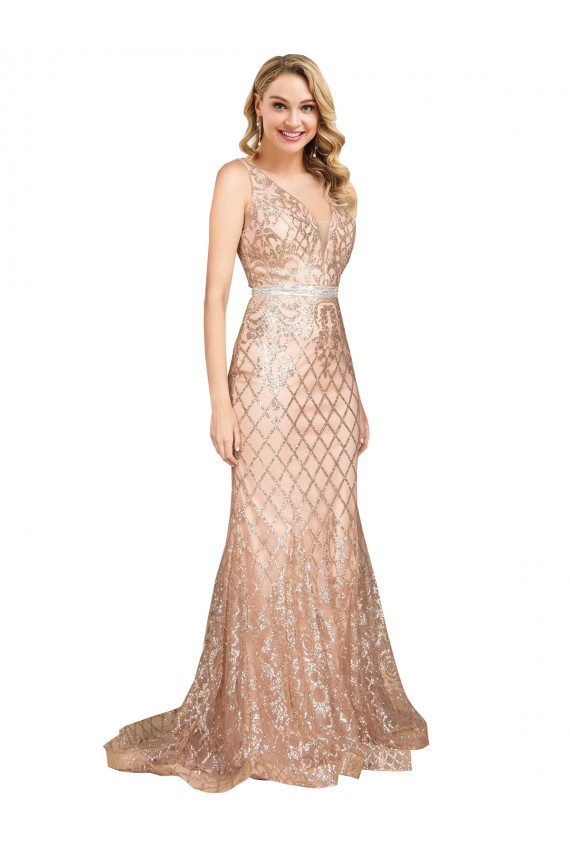 V-Back Sequin & Sparkling Sequin V-Neck Long Sleeveless Formal Plus Size Evening Gown / Prom Dress / Bridesmaid Dress Norwich