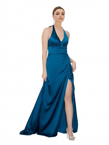 Open Back Peacock Blue Silk like Satin Halter Neck Long Sleeveless Formal Evening Gown / Prom Dress / Bridesmaid Dress Norwich