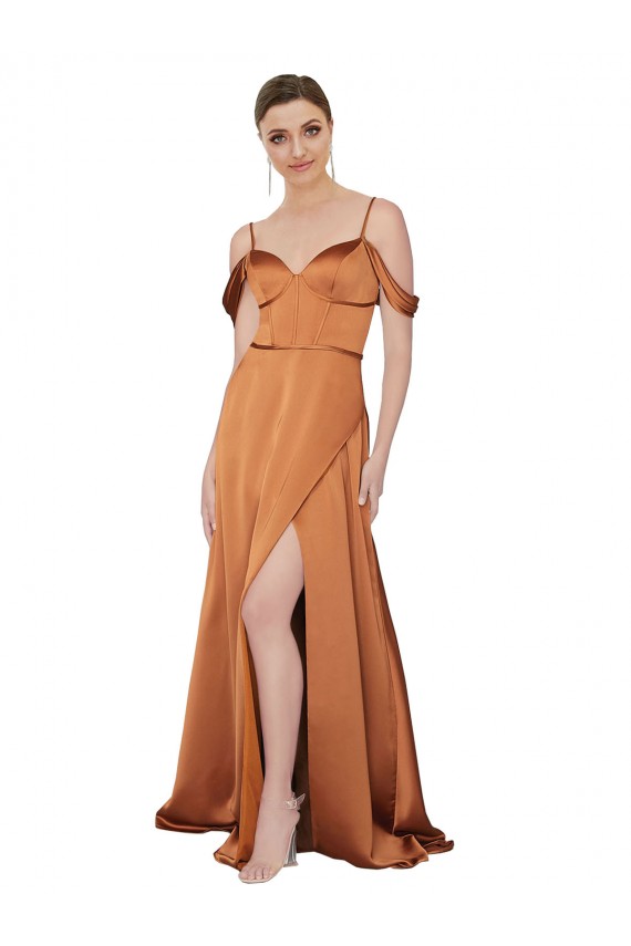 Low Back Silk like Satin Spaghetti Straps Long Cold Shoulder Formal Evening Gown / Prom Dress / Bridesmaid Dress Norwich