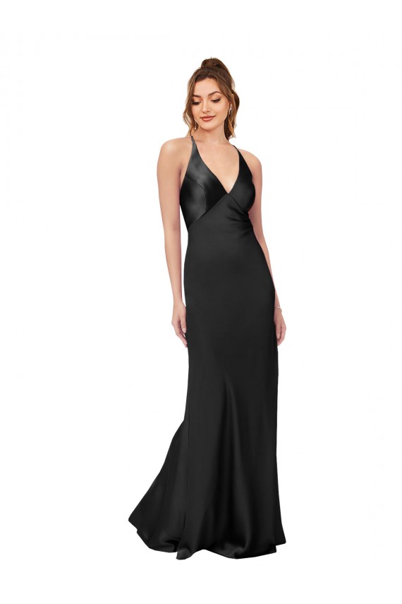 Open Back Silk like Satin V-Neck Long Sleeveless Black Tie Evening Gown / Prom Dress / Bridesmaid Dress Norwich