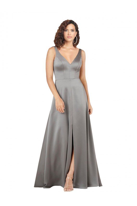 Pearl Grey Silk like Satin V-Neck Long Sleeveless Formal Evening Gown / Prom Dress / Bridesmaid Dress Norwich