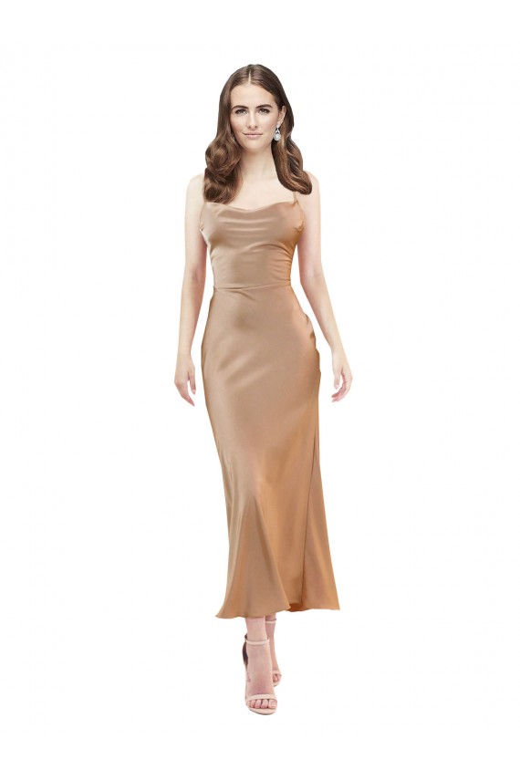 Open Back Rose Gold Silk like Satin Cowl Neck Midi Length Sleeveless Formal Evening Gown / Prom Dress / Bridesmaid Dress Norwich