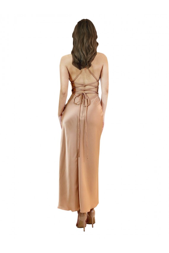 Open Back Rose Gold Silk like Satin Cowl Neck Midi Length Sleeveless Formal Evening Gown / Prom Dress / Bridesmaid Dress Norwich