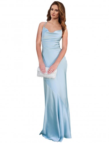 Open Back Light Sky Blue Silk like Satin Cowl Neck Long Sleeveless Formal Evening Gown / Prom Dress / Bridesmaid Dress Norwich