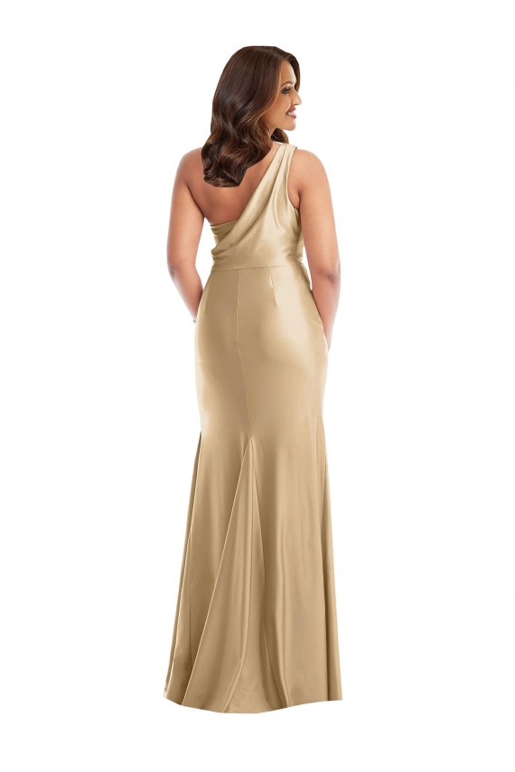 Soft Gold Silk like Satin One Shoulder Long Sleeveless Formal Plus Size Evening Gown / Prom Dress / Bridesmaid Dress Norwich