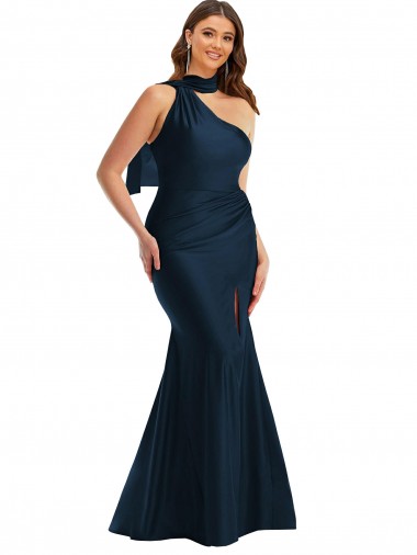 Dark Navy Silk like Satin One Shoulder Long Sleeveless Formal Plus Size Evening Gown / Prom Dress / Bridesmaid Dress Norwich