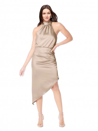 Silk like Satin Halter Neck Midi Length Sleeveless High Low Prom Dress / Bridesmaid Dress Norwich