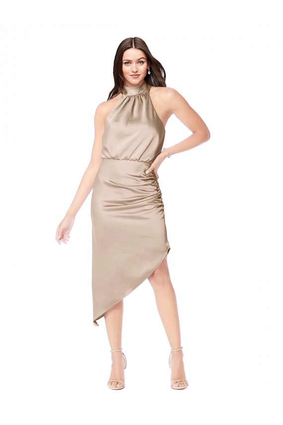 Silk like Satin Halter Neck Midi Length Sleeveless High Low Prom Dress / Bridesmaid Dress Norwich