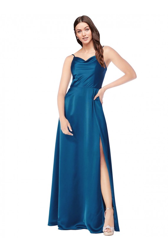Low Back Peacock Blue Silk like Satin Spaghetti Straps Long Sleeveless Formal Evening Gown / Prom Dress / Bridesmaid Dress Norwich
