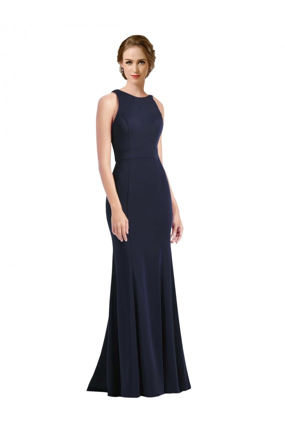 Keyhole Back Stretch Crepe Scoop Neck Long Sleeveless Black Tie Prom Dress / Bridesmaid Dress Norwich