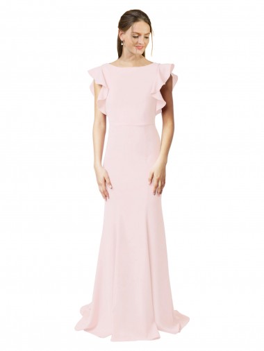 V-Back Stretch Crepe Jewel Neck Sweep Train Ruffle Sleeves Black Tie Prom Dress / Bridesmaid Dress Norwich