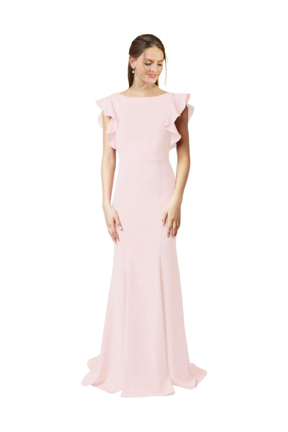 V-Back Stretch Crepe Jewel Neck Sweep Train Ruffle Sleeves Black Tie Prom Dress / Bridesmaid Dress Norwich
