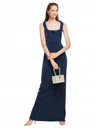 Low Back Dark Navy Stretch Crepe Scoop Neck Long Sleeveless Formal Evening Gown / Prom Dress / Bridesmaid Dress Norwich