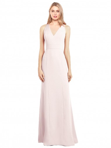 Keyhole Back Pink Stretch Crepe V-Neck Long Sleeveless Semi Formal Evening Dress / Prom Dress / Bridesmaid Dress Norwich