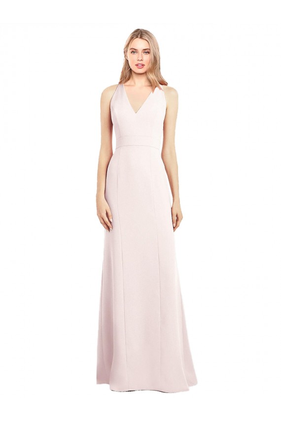 Keyhole Back Pink Stretch Crepe V-Neck Long Sleeveless Semi Formal Evening Dress / Prom Dress / Bridesmaid Dress Norwich