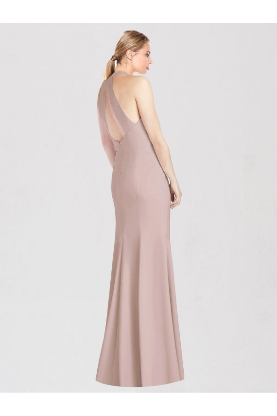 Open Back Dusty Pink Stretch Crepe Halter Neck Long Sleeveless Semi Formal Evening Dress / Bridesmaid Dress Norwich
