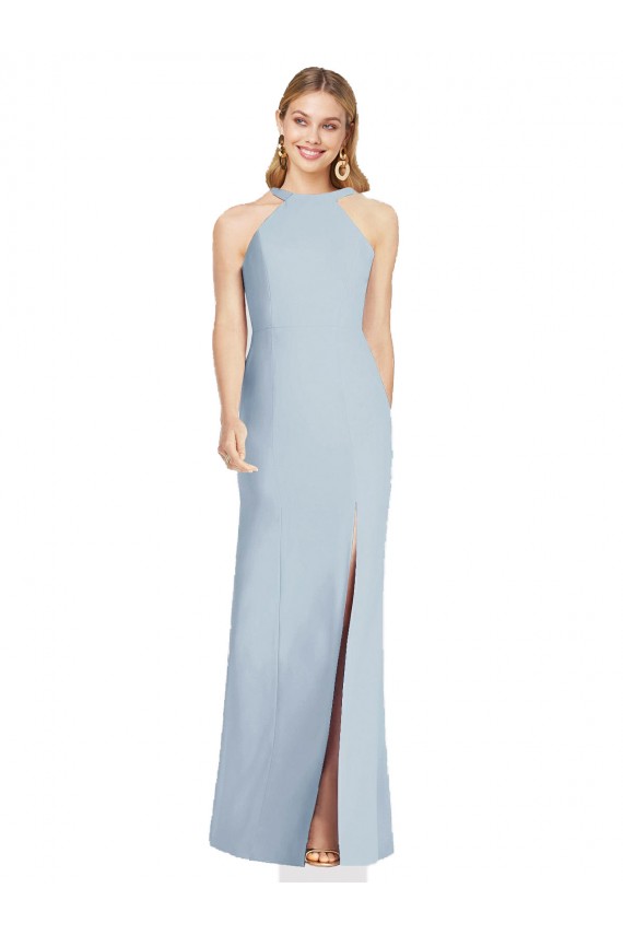 Open Back Light Sky Blue Stretch Crepe Halter Neck Long Sleeveless Formal Evening Gown / Bridesmaid Dress Norwich