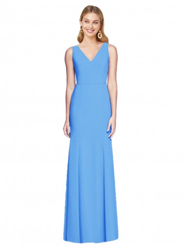 Keyhole Back Peacock Blue Stretch Crepe V-Neck Long Sleeveless Semi Formal Evening Dress / Prom Dress / Bridesmaid Dress Norwich