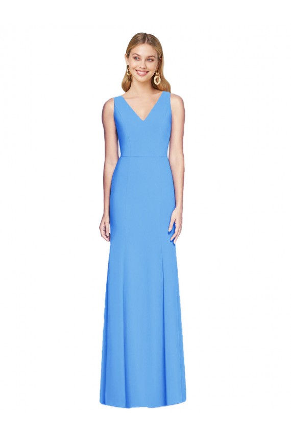 Keyhole Back Peacock Blue Stretch Crepe V-Neck Long Sleeveless Semi Formal Evening Dress / Prom Dress / Bridesmaid Dress Norwich