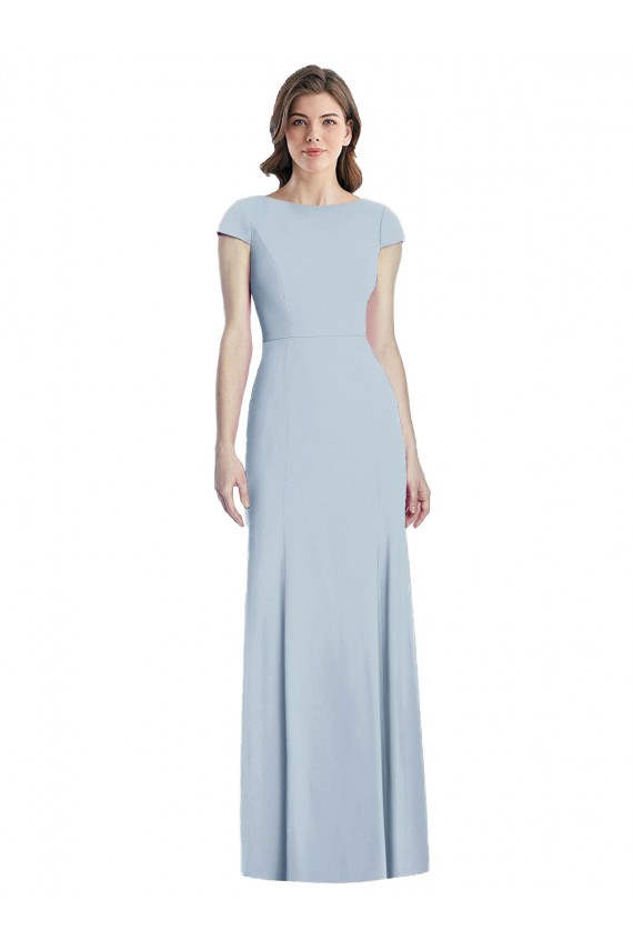 Open Back Light Sky Blue Stretch Crepe Bateau Neck Long Cap Sleeves Formal Dress / Bridesmaid Dress Norwich