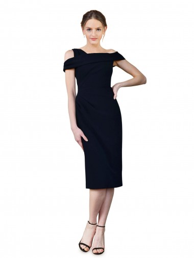 Dark Navy Stretch Crepe Off the Shoulder Cocktail Length Sleeveless Formal Evening Gown / Prom Dress / Bridesmaid Dress Norwich