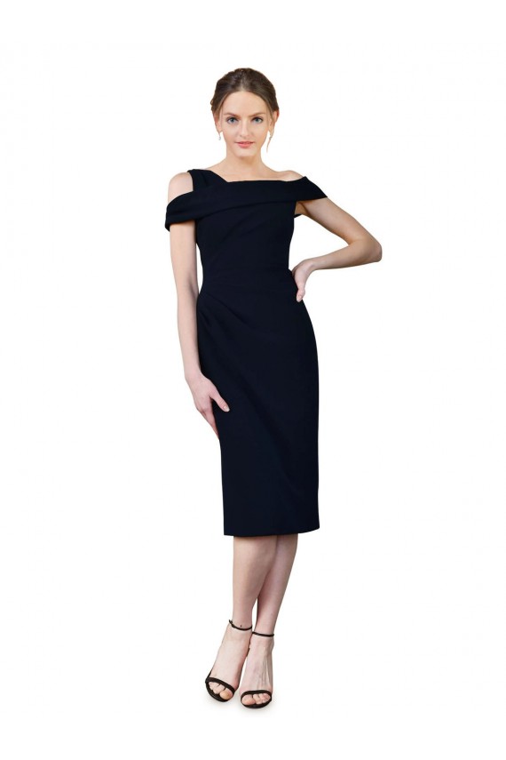 Dark Navy Stretch Crepe Off the Shoulder Cocktail Length Sleeveless Formal Evening Gown / Prom Dress / Bridesmaid Dress Norwich