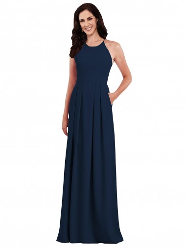Open Back Dark Navy Stretch Crepe Halter Neck Long Sleeveless Semi Formal Evening Dress / Bridesmaid Dress Norwich