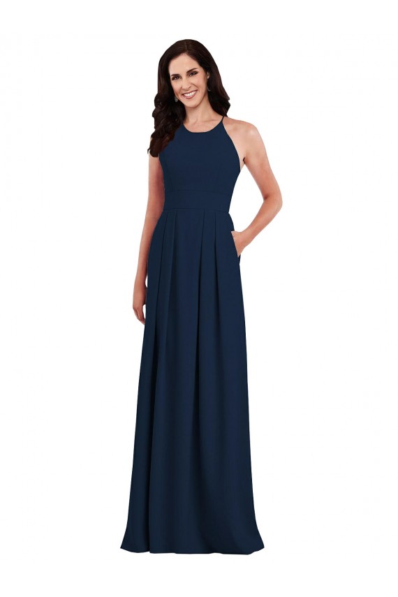 Open Back Dark Navy Stretch Crepe Halter Neck Long Sleeveless Semi Formal Evening Dress / Bridesmaid Dress Norwich