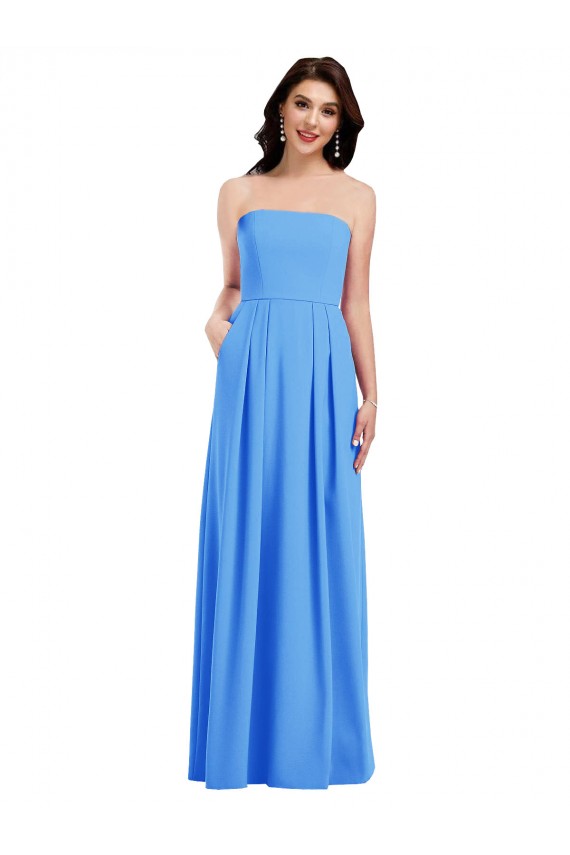 Low Back Peacock Blue Stretch Crepe Strapless Long Sleeveless Semi Formal Evening Dress / Prom Dress / Bridesmaid Dress Norwich