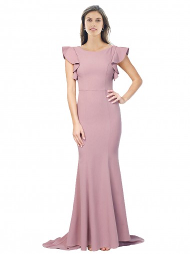 V-Back Stretch Crepe Round Neck Sweep Train Flutter Sleeves Formal Evening Gown / Prom Dress / Bridesmaid Dress Norwich