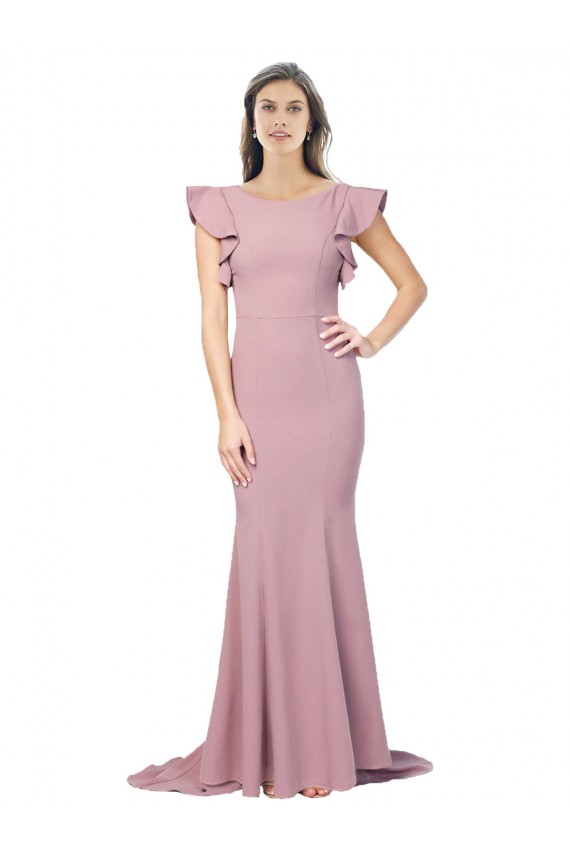 V-Back Stretch Crepe Round Neck Sweep Train Flutter Sleeves Formal Evening Gown / Prom Dress / Bridesmaid Dress Norwich