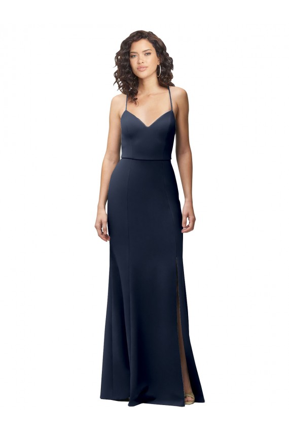 Open Back Dark Navy Stretch Crepe Spaghetti Straps Long Sleeveless Formal Evening Gown / Prom Dress / Bridesmaid Dress Norwich