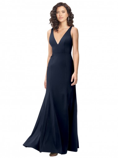 V-Back Dark Navy Stretch Crepe V-Neck Long Sleeveless Formal Dress / Bridesmaid Dress Norwich