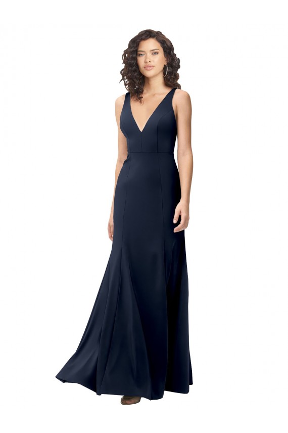 V-Back Dark Navy Stretch Crepe V-Neck Long Sleeveless Formal Dress / Bridesmaid Dress Norwich