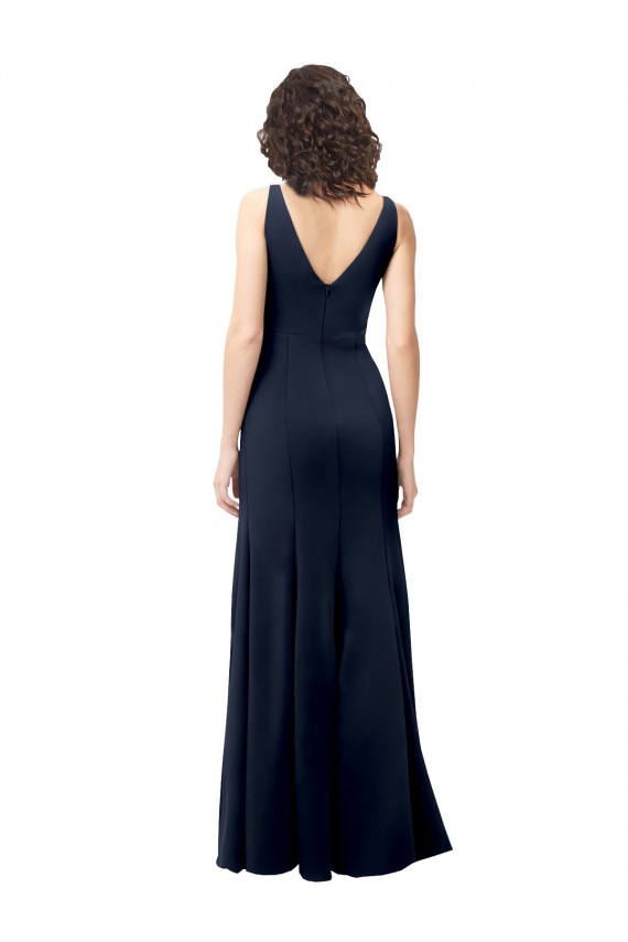 V-Back Dark Navy Stretch Crepe V-Neck Long Sleeveless Formal Dress / Bridesmaid Dress Norwich