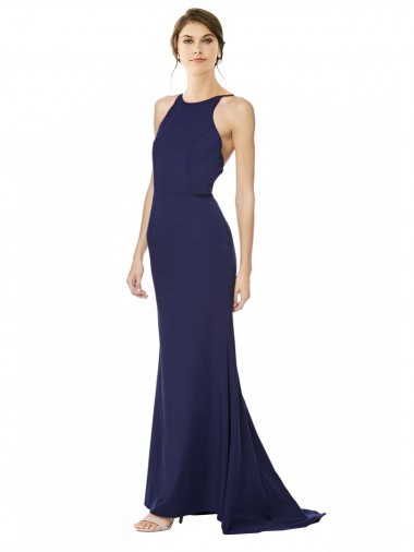Open Back Navy Blue Stretch Crepe Halter Neck Long Sleeveless Formal Evening Gown / Prom Dress / Bridesmaid Dress Norwich